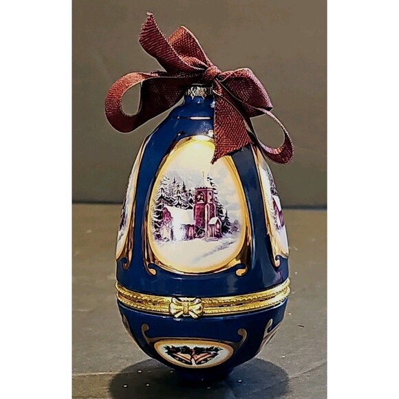 Blue Porcelain Hinged Egg Ornament Music Box Plays "Away In A Manger" Church Art - Picture 1 of 9